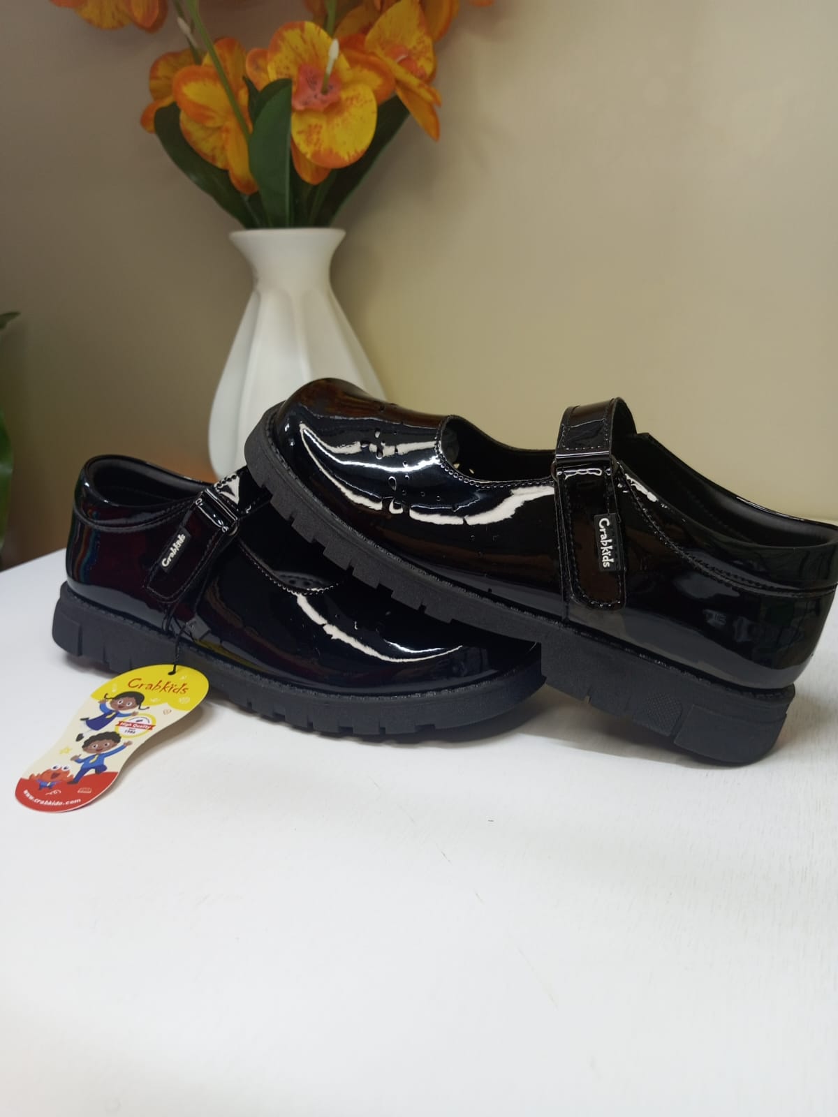 CrabKids Wet Look Velcro School Shoe